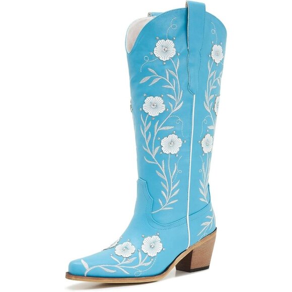 Shoes - Women’s Turquoise Wide Calf Embroidered Cowgirl Western Knee High Pull On Boots
